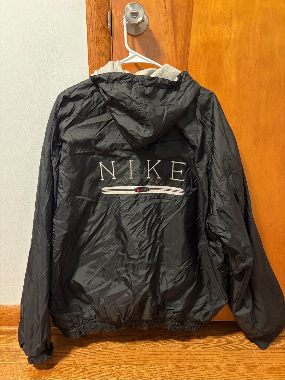 Vintage Nike Spell Out Hooded Windbreaker Jacket Black Nylon XL